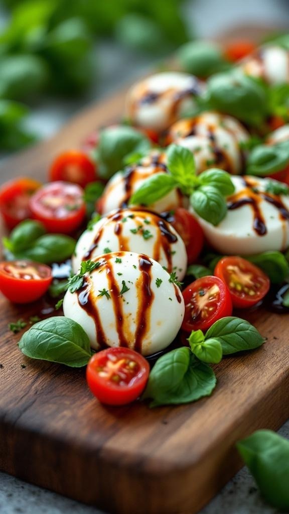 Caprese salad with mozzarella, cherry tomatoes, and basil drizzled with balsamic glaze on a wooden board.