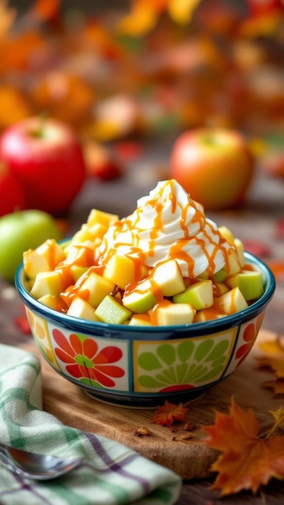 A colorful bowl of caramel apple salad topped with whipped cream and caramel sauce, surrounded by fresh apples and autumn leaves.