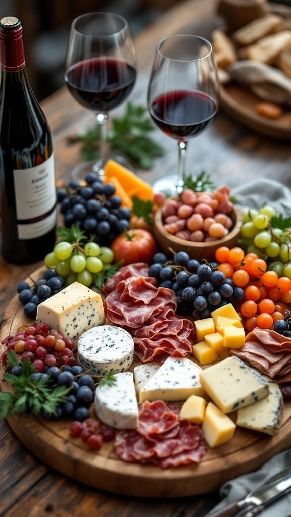 A charcuterie board featuring various cheeses, cured meats, fresh fruits, and two glasses of red wine.