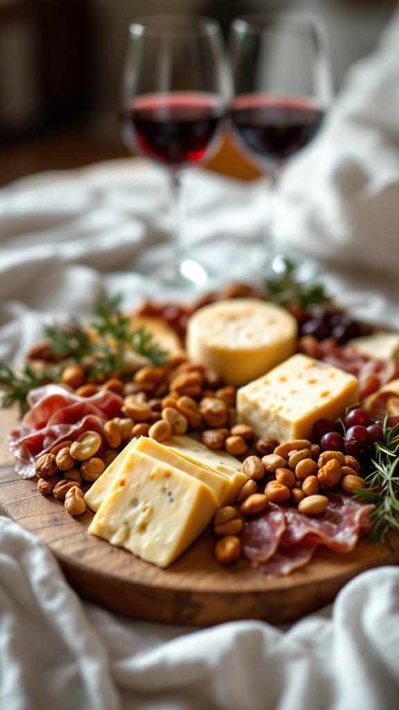 A cozy charcuterie board for two with cheese, meats, nuts, and wine.