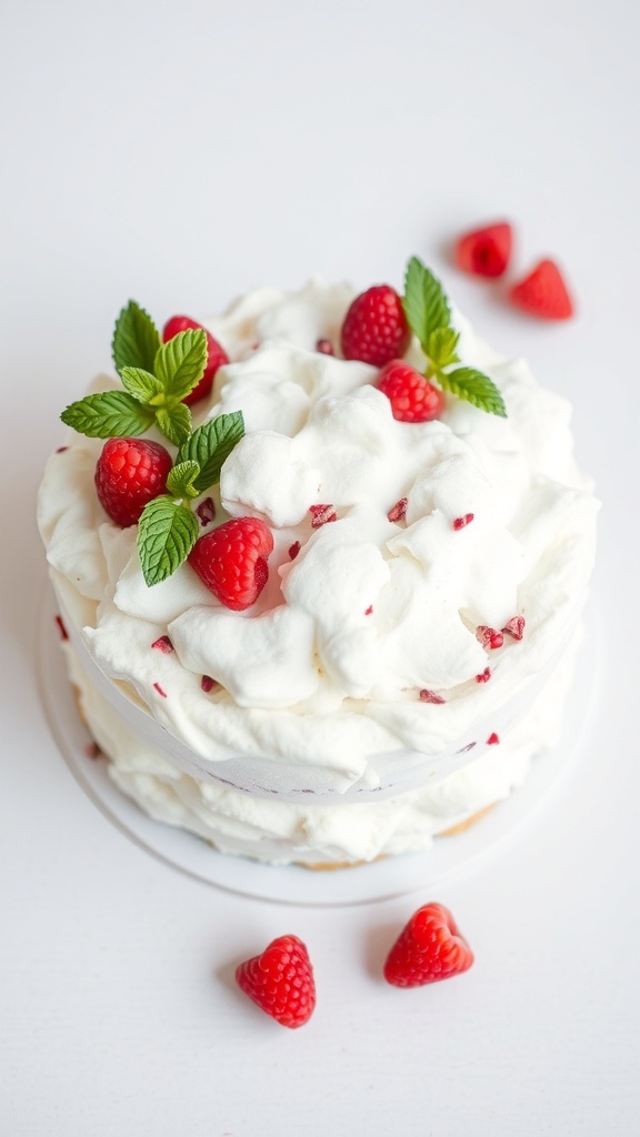 A no-bake raspberry cloud cake topped with whipped cream, fresh raspberries, and mint leaves.