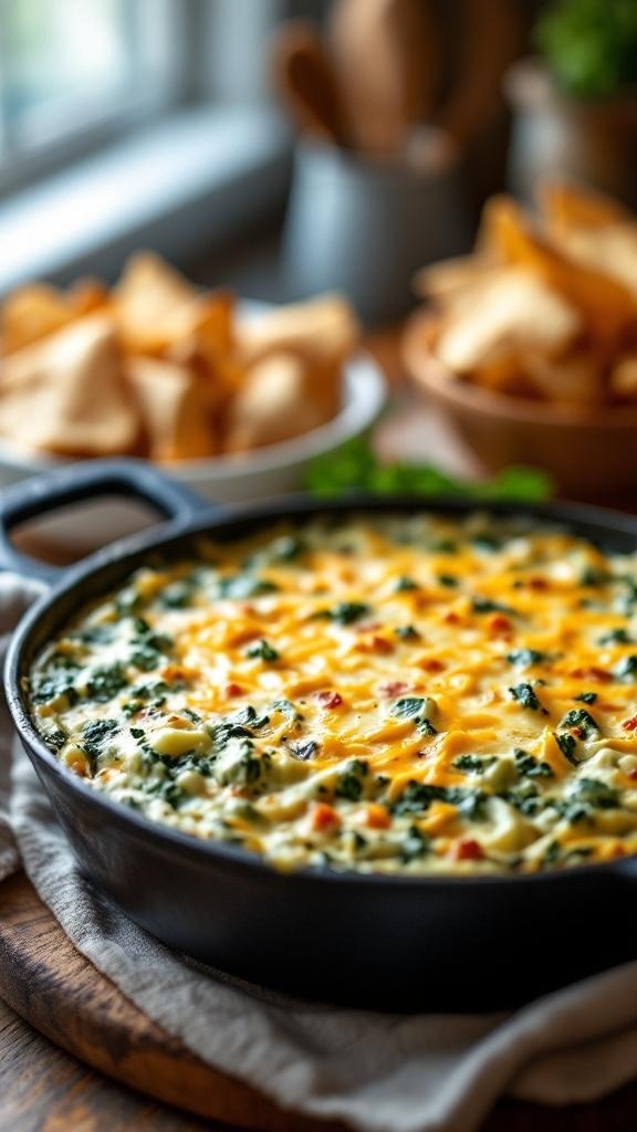 A warm, cheesy spinach artichoke dip in a black dish, surrounded by crispy chips.
