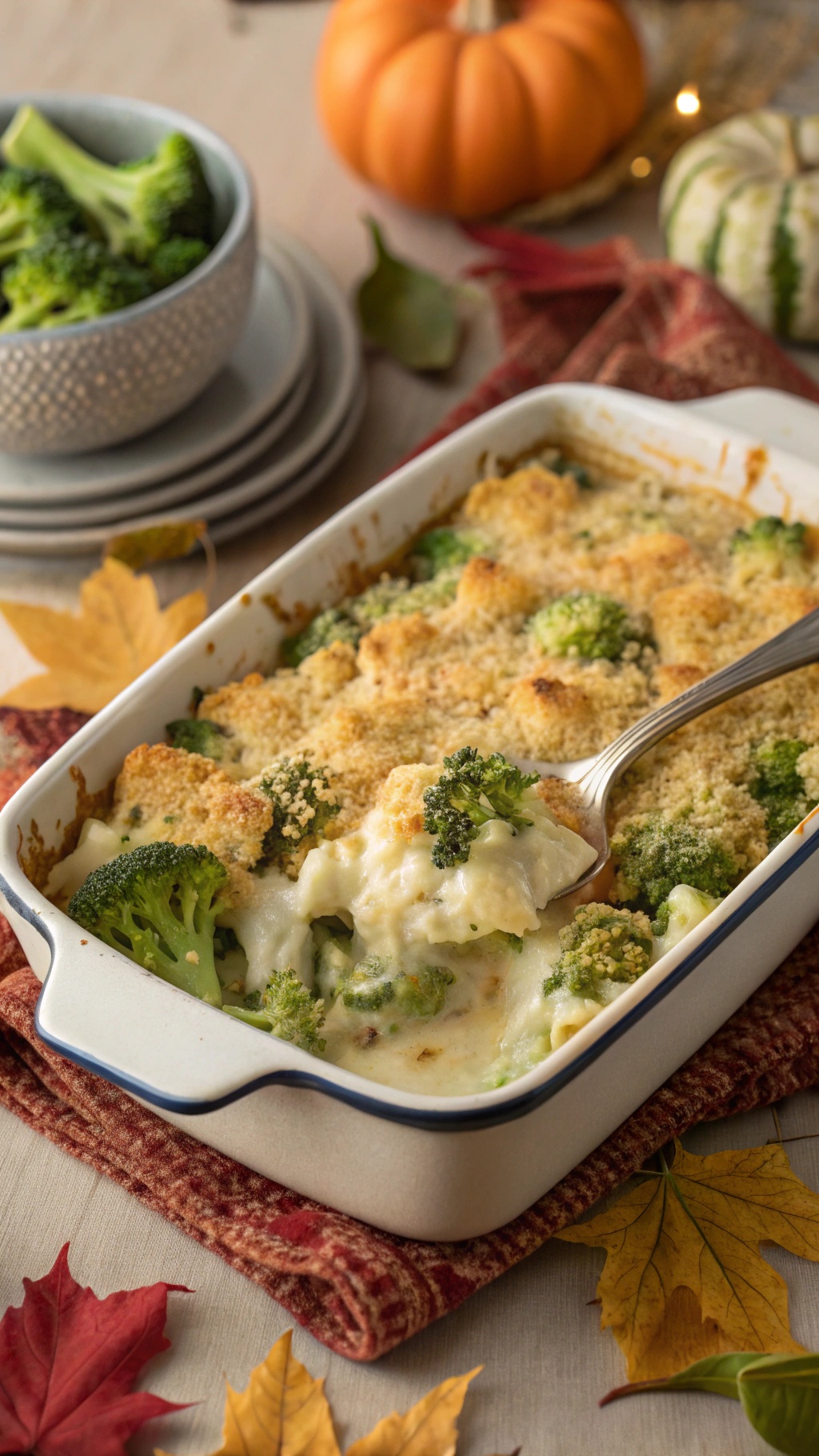 A delicious cheesy broccoli and cauliflower bake in a baking dish, surrounded by fall leaves and pumpkins.