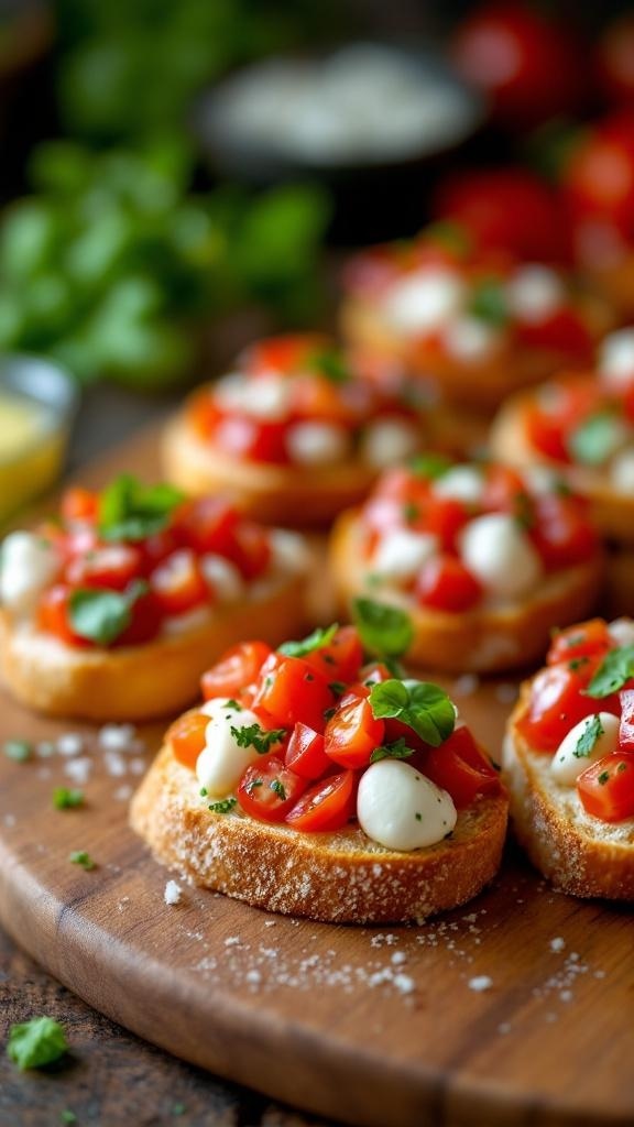 Cheesy bruschetta topped with tomatoes and mozzarella on a wooden board