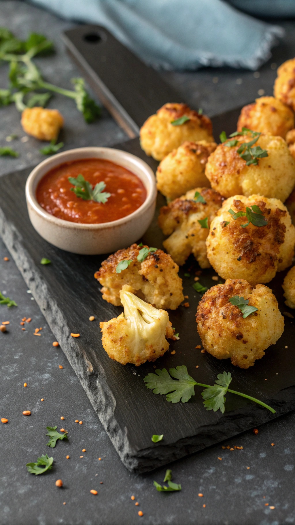 Cheesy cauliflower bites served with a spicy marinara dip on a slate board.