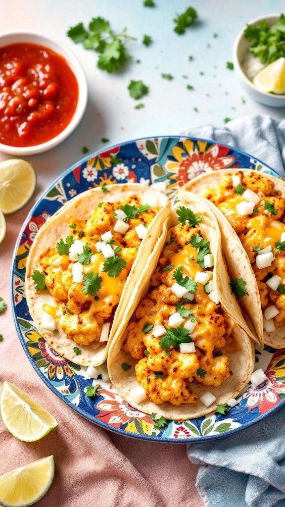 Three cheesy cauliflower tacos on a colorful plate with salsa and lime