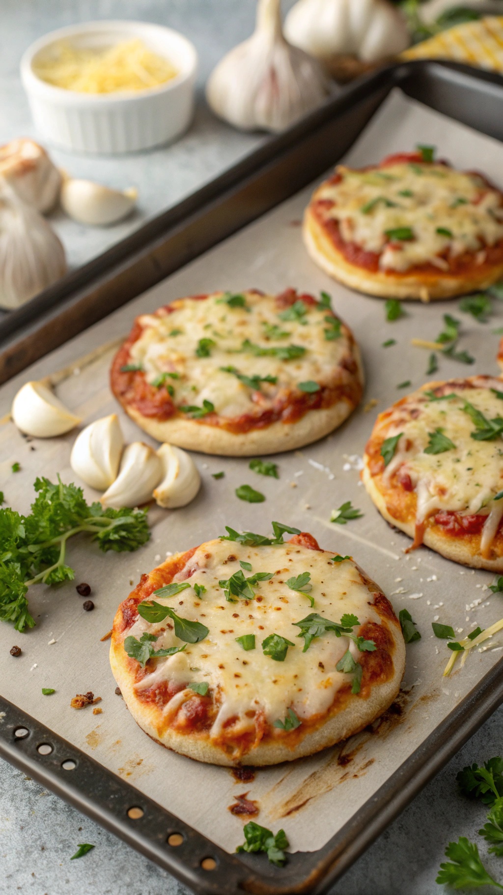 Cheesy garlic mini pizzas on a baking tray with garlic cloves and parsley in the background.