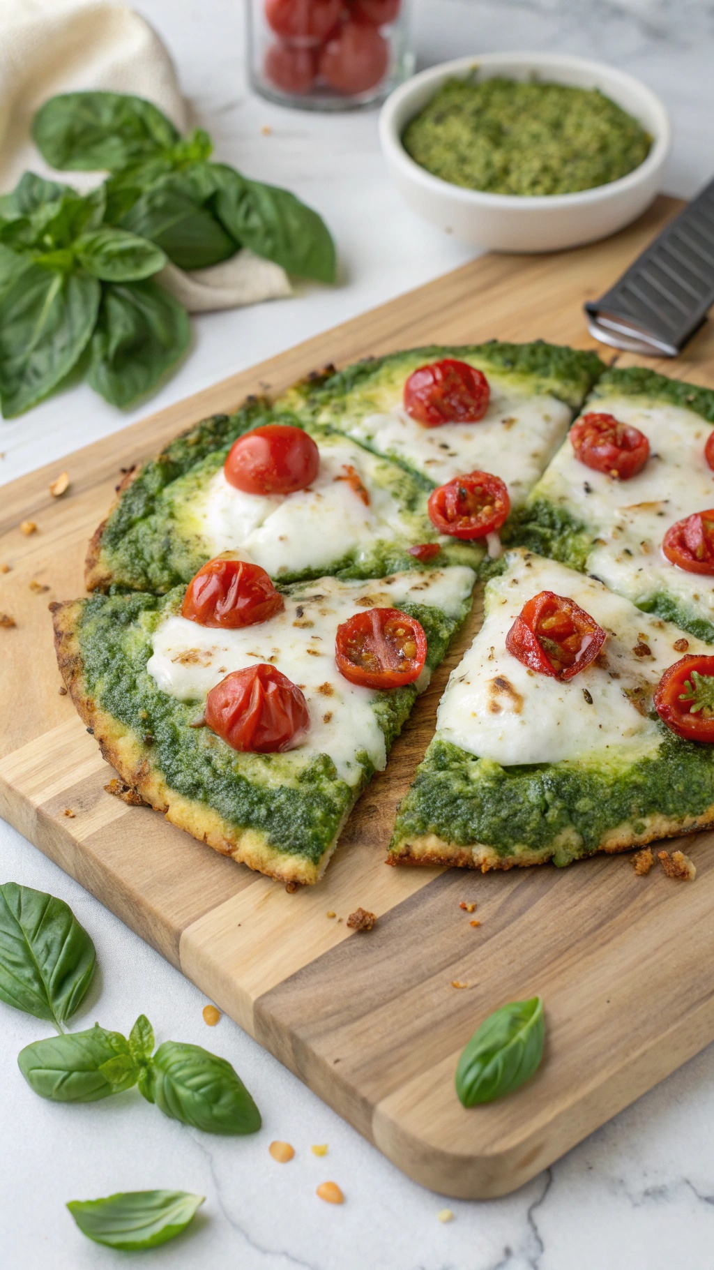 Cheesy Pesto Cauliflower Pizza with cherry tomatoes and fresh basil on a wooden cutting board.