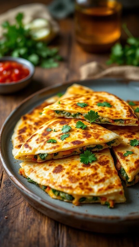 A plate of cheesy vegetable quesadillas garnished with cilantro, served with salsa.