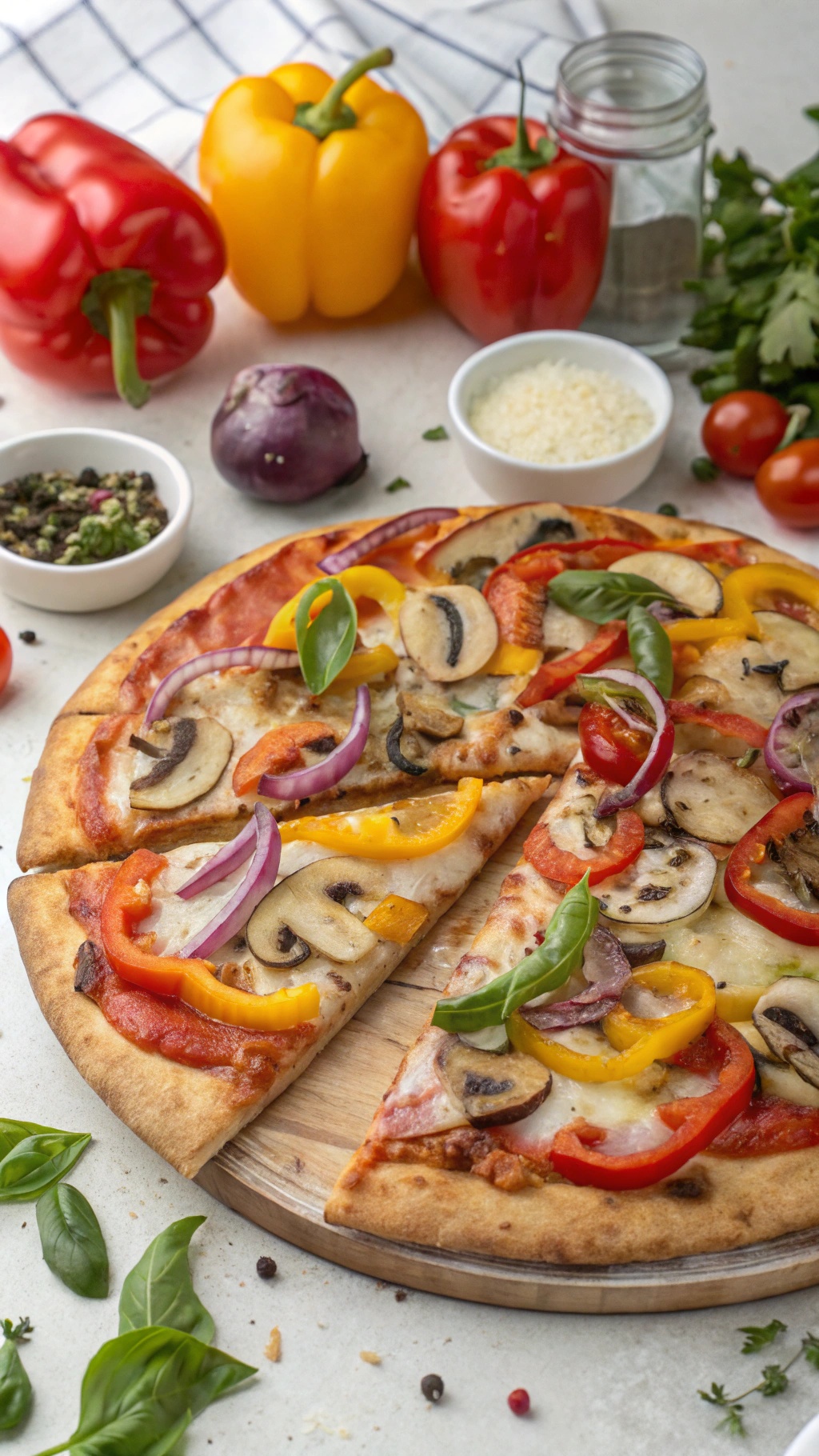 A delicious cheesy veggie pizza topped with colorful bell peppers, mushrooms, and onions.