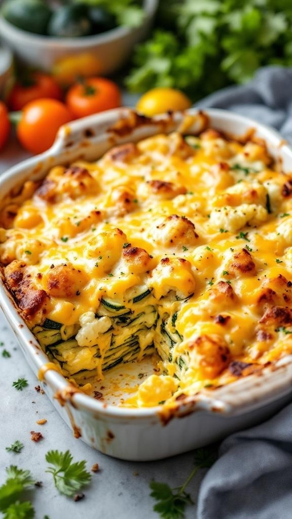 A golden-brown cheesy zucchini and cauliflower bake in a white dish, garnished with parsley.