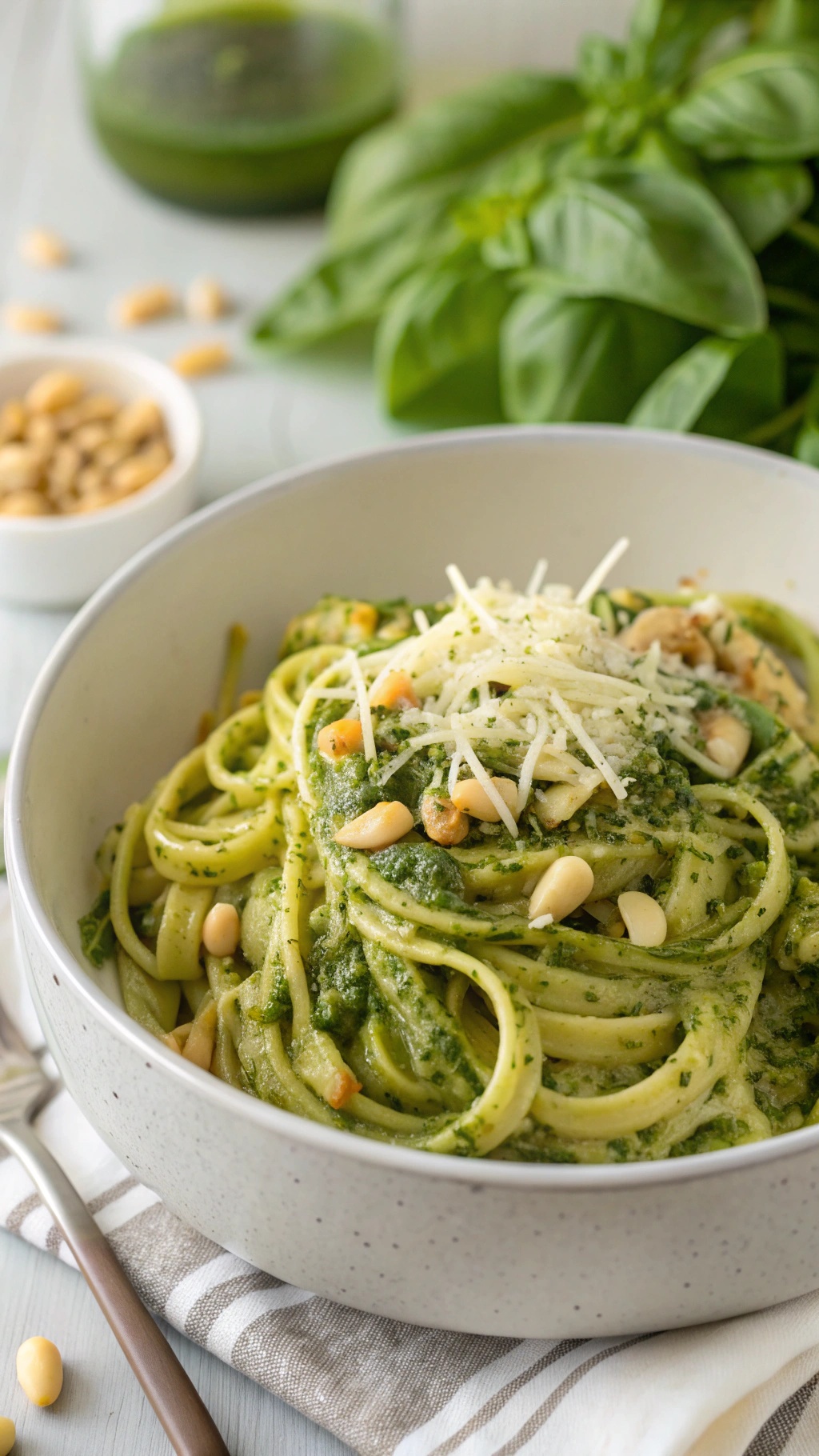 A bowl of cheesy zucchini noodles with pesto, garnished with pine nuts and cheese.
