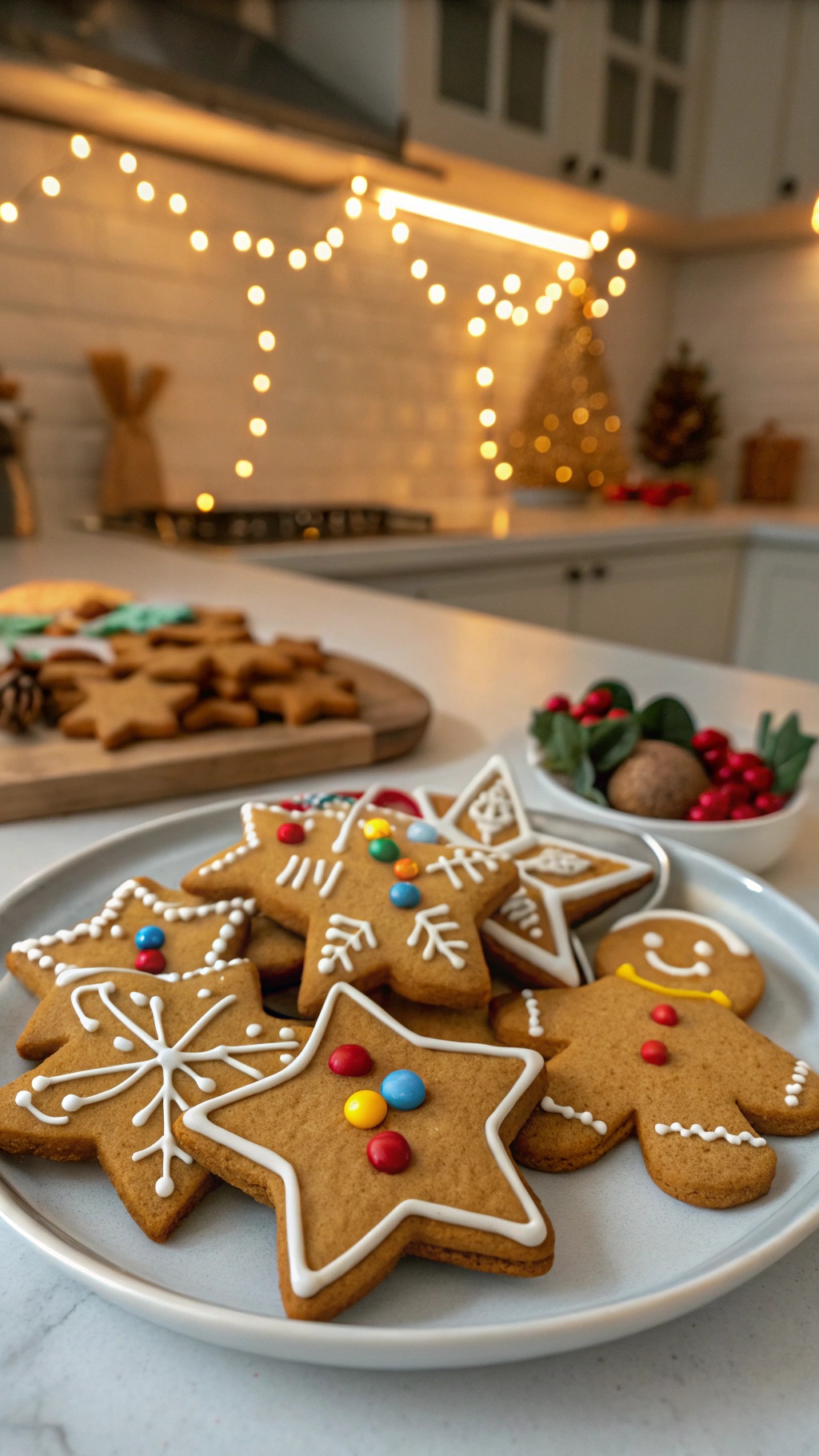 A plate of decorated gingerbread cookies in a festive kitchen setting