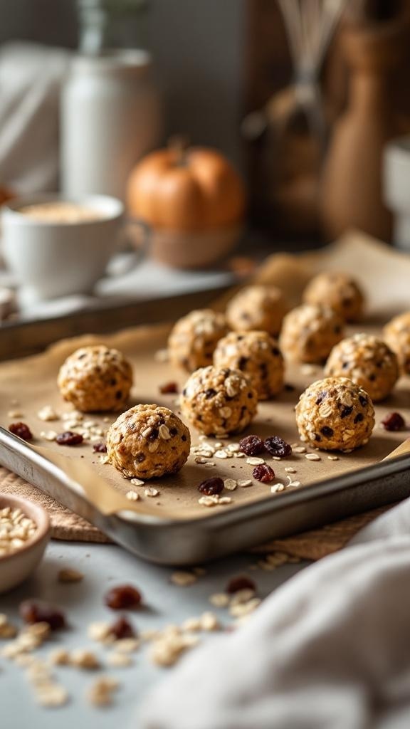 A tray of chewy oatmeal raisin protein balls with oats and raisins scattered around.