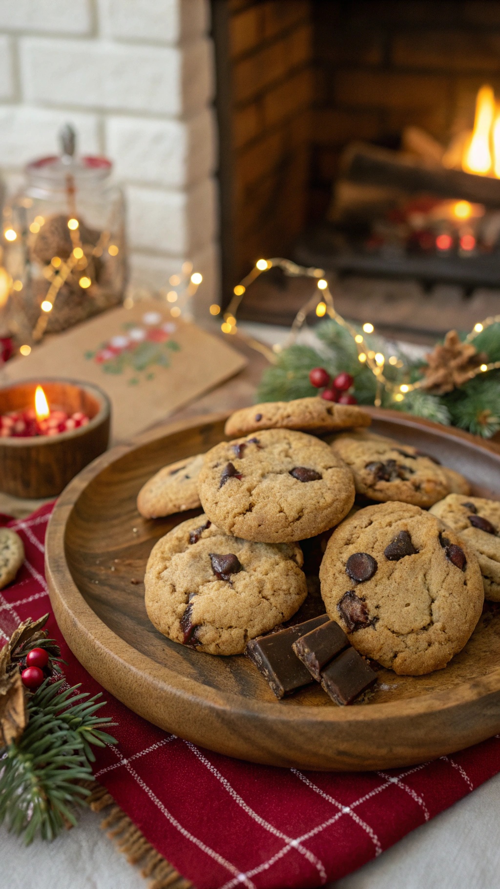 Chewy peanut butter cookies with dark chocolate chunks on a wooden plate, surrounded by festive decorations and a warm fireplace.