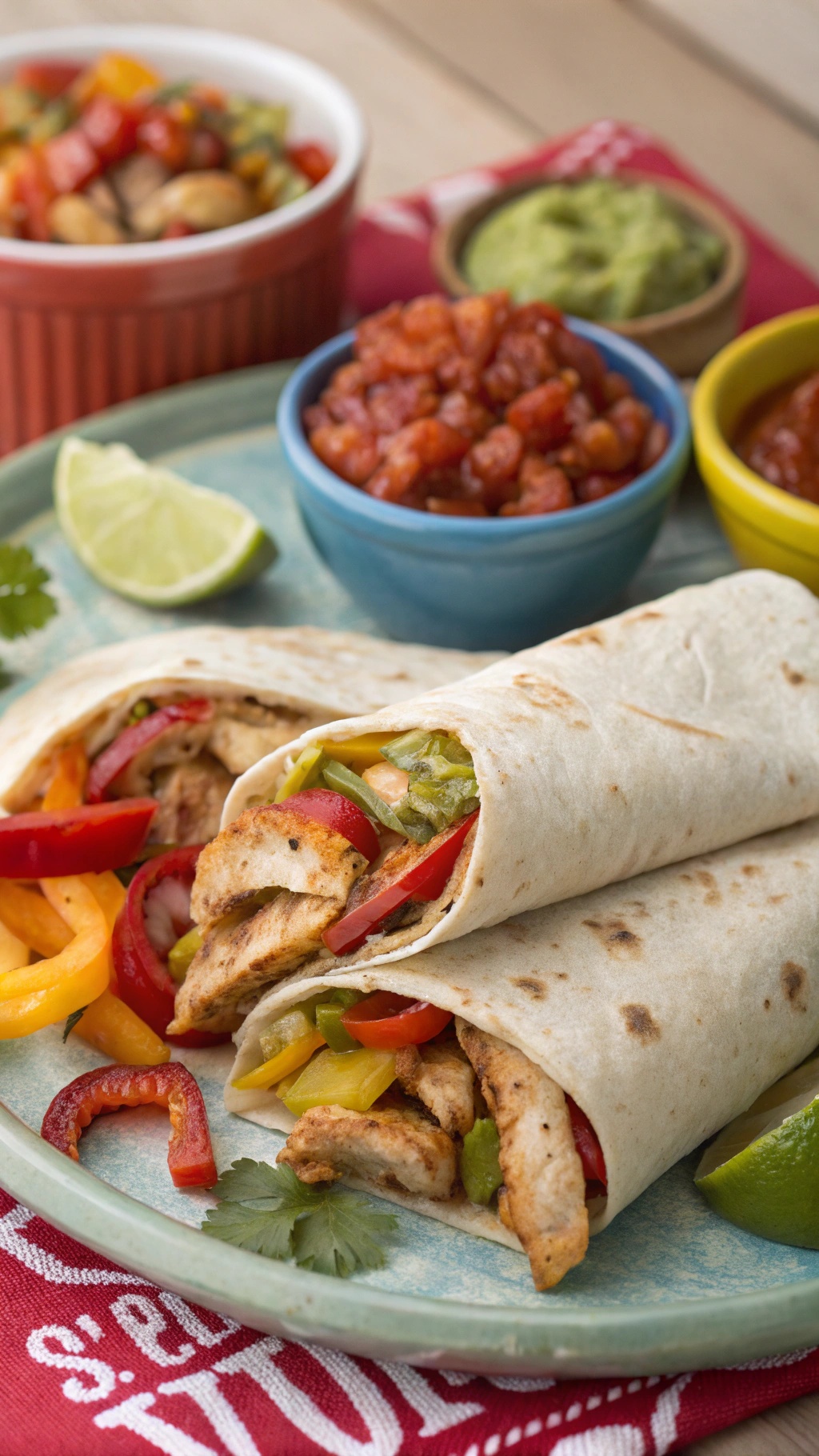 Delicious chicken fajita meal prep wraps with colorful bell peppers and dips