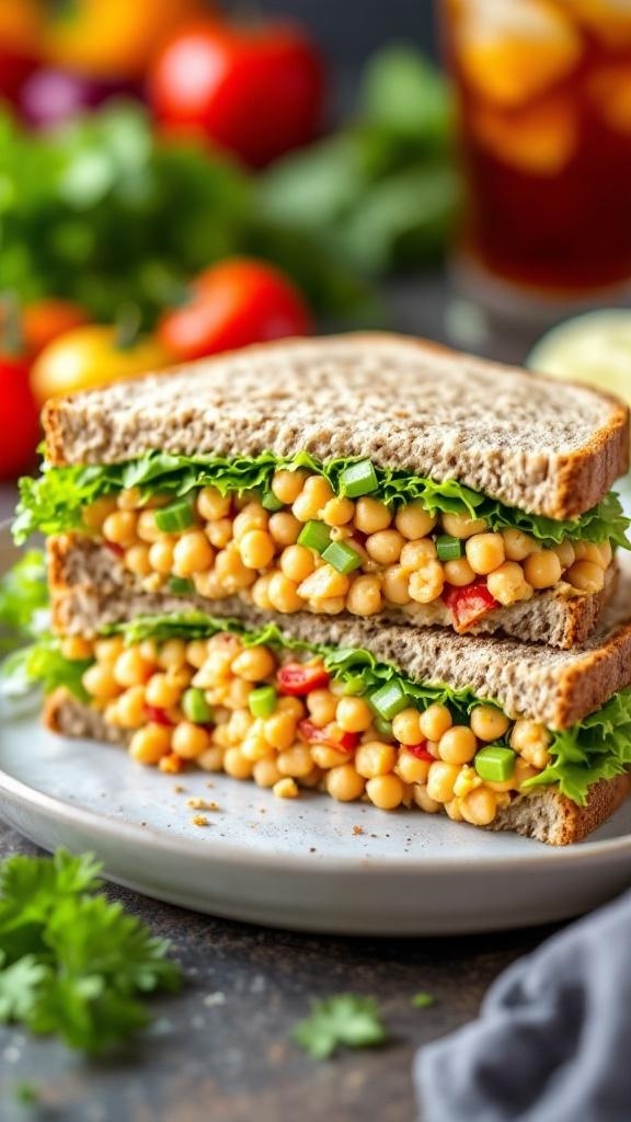 Chickpea salad sandwich with lettuce and colorful vegetables