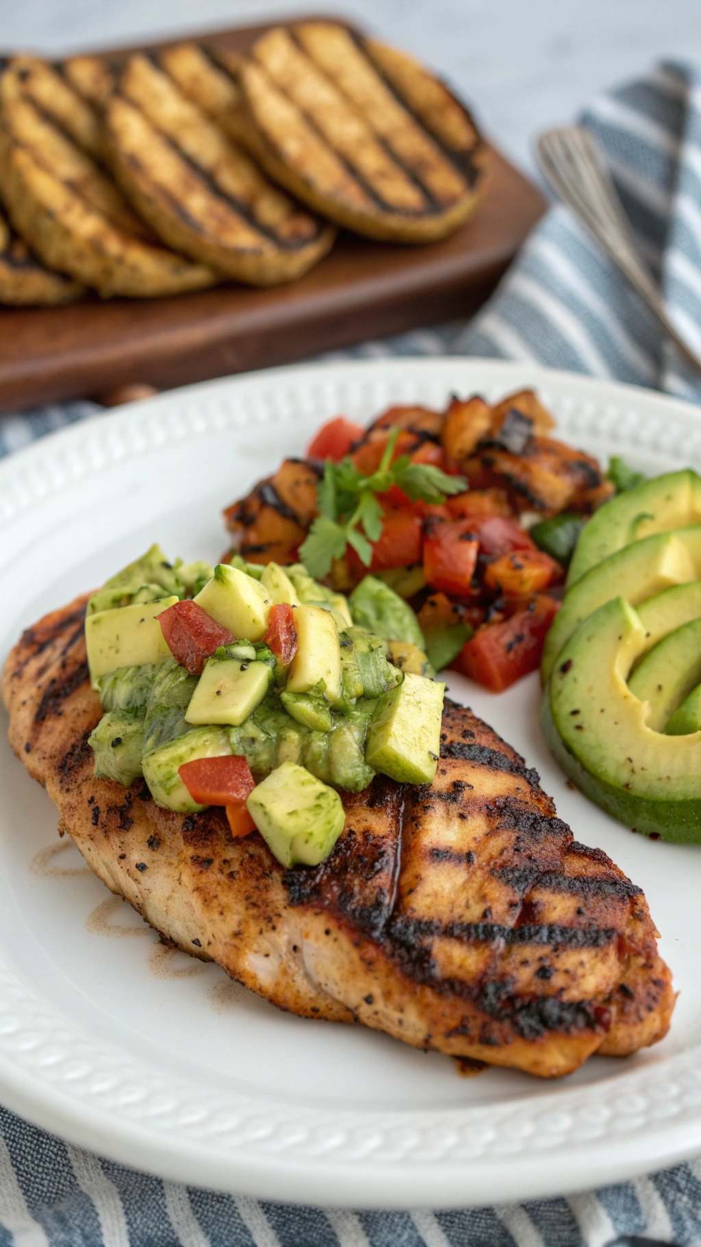 Grilled chicken topped with avocado salsa, served with grilled vegetables.