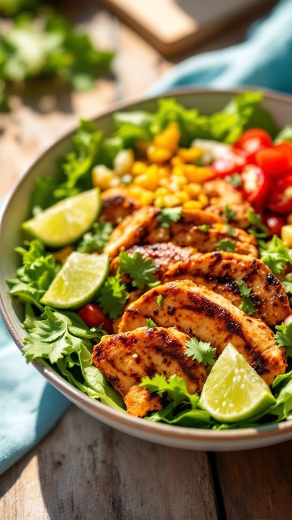 A colorful chili lime chicken taco salad with grilled chicken, greens, corn, and tomatoes.