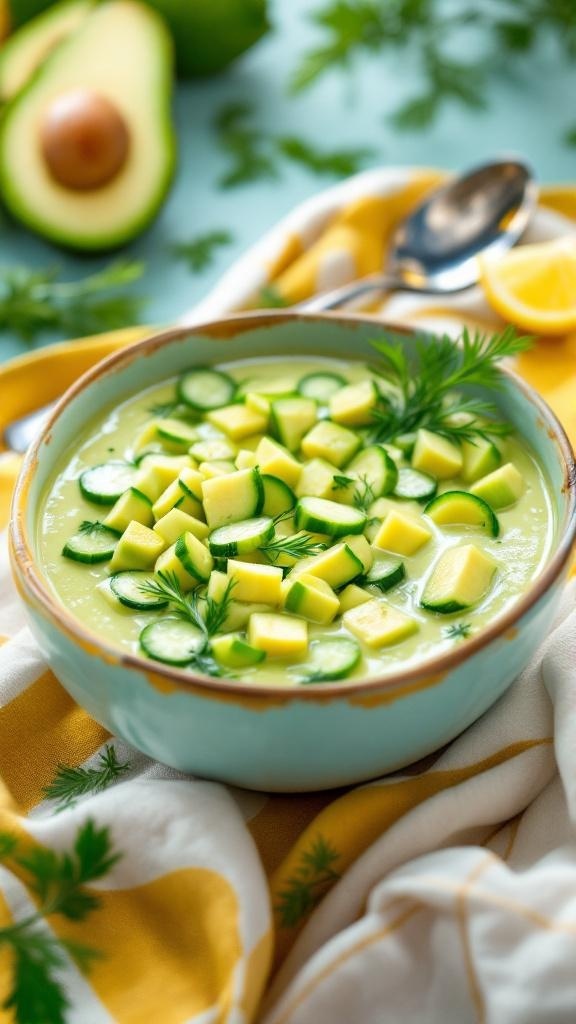 A bowl of chilled avocado and cucumber soup garnished with diced cucumbers and herbs.