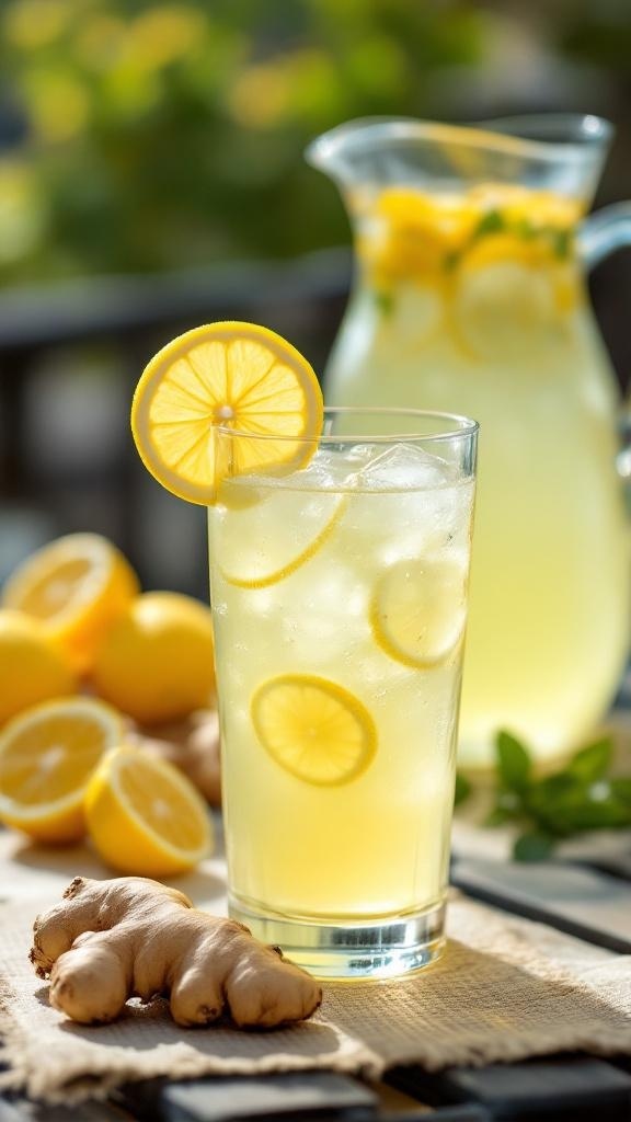 A refreshing glass of chilled ginger lemonade with lemon slices and ginger root.