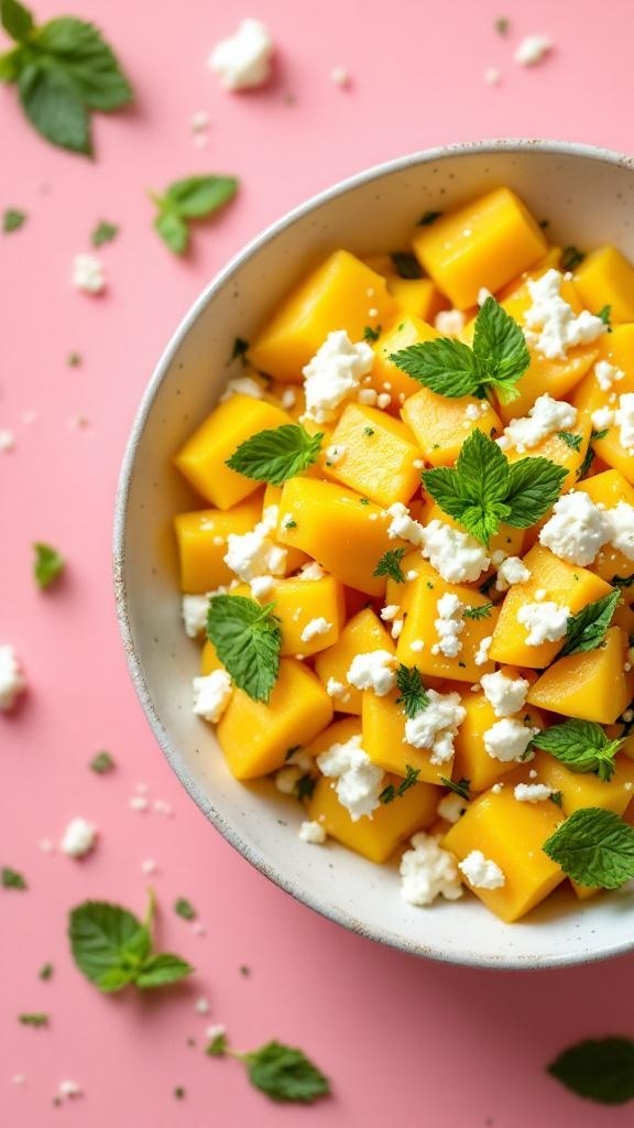 Chilled mango salad with mint and feta in a bowl on a pink background