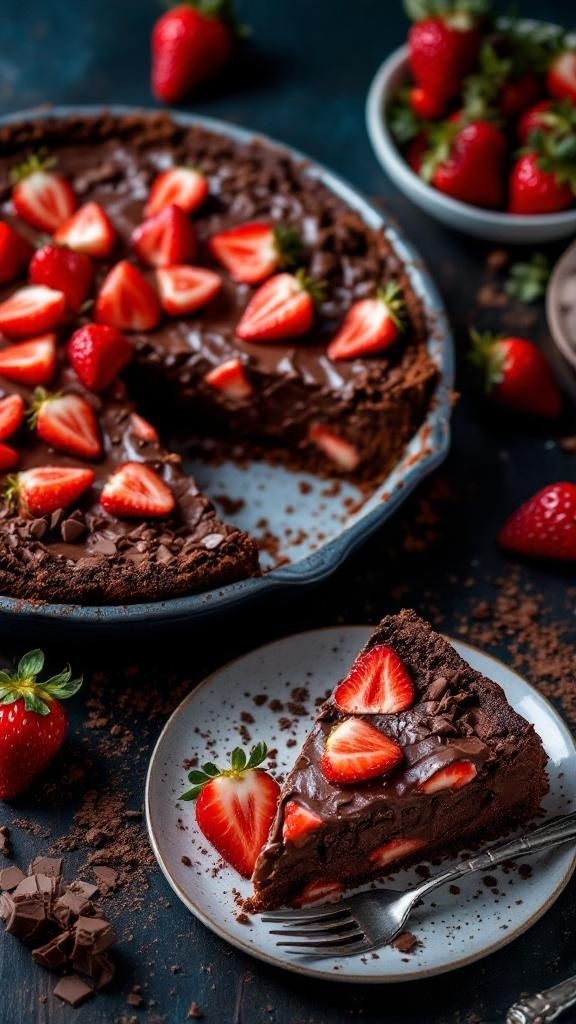 A delicious chocolate strawberry casserole topped with fresh strawberries, served on a plate with a fork.
