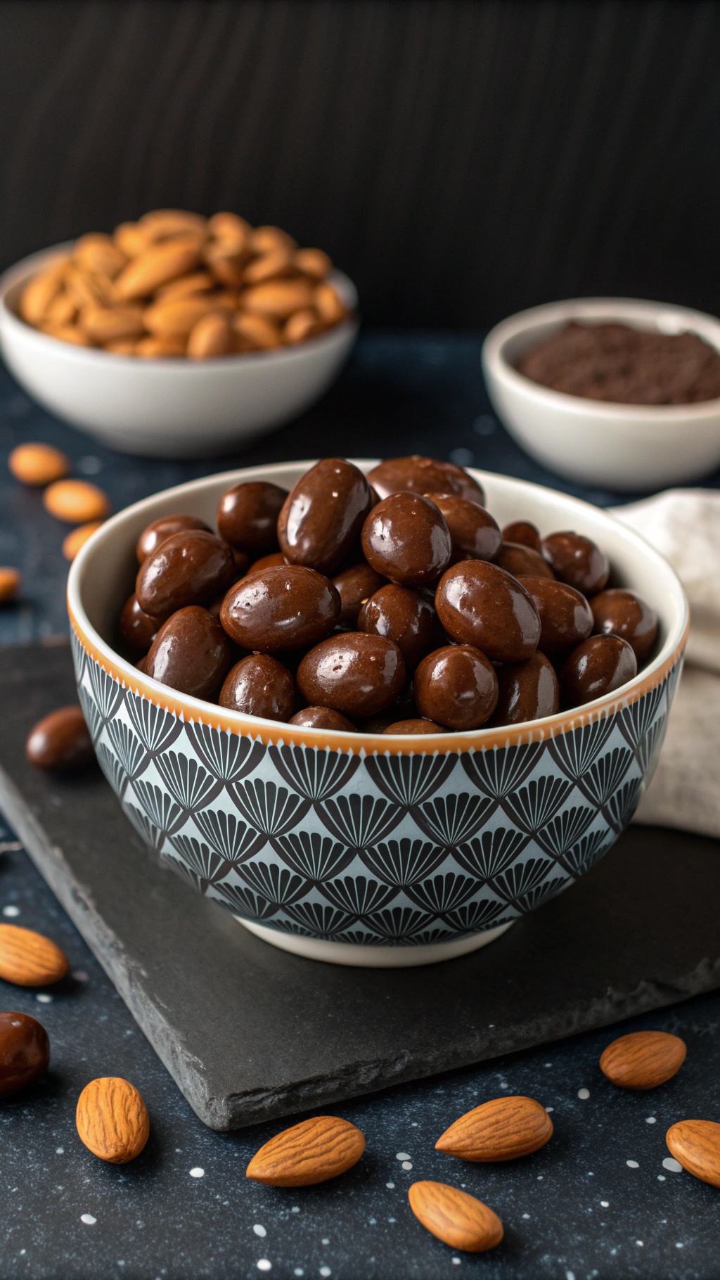 A bowl of chocolate-covered almonds with raw almonds and cocoa powder in the background.