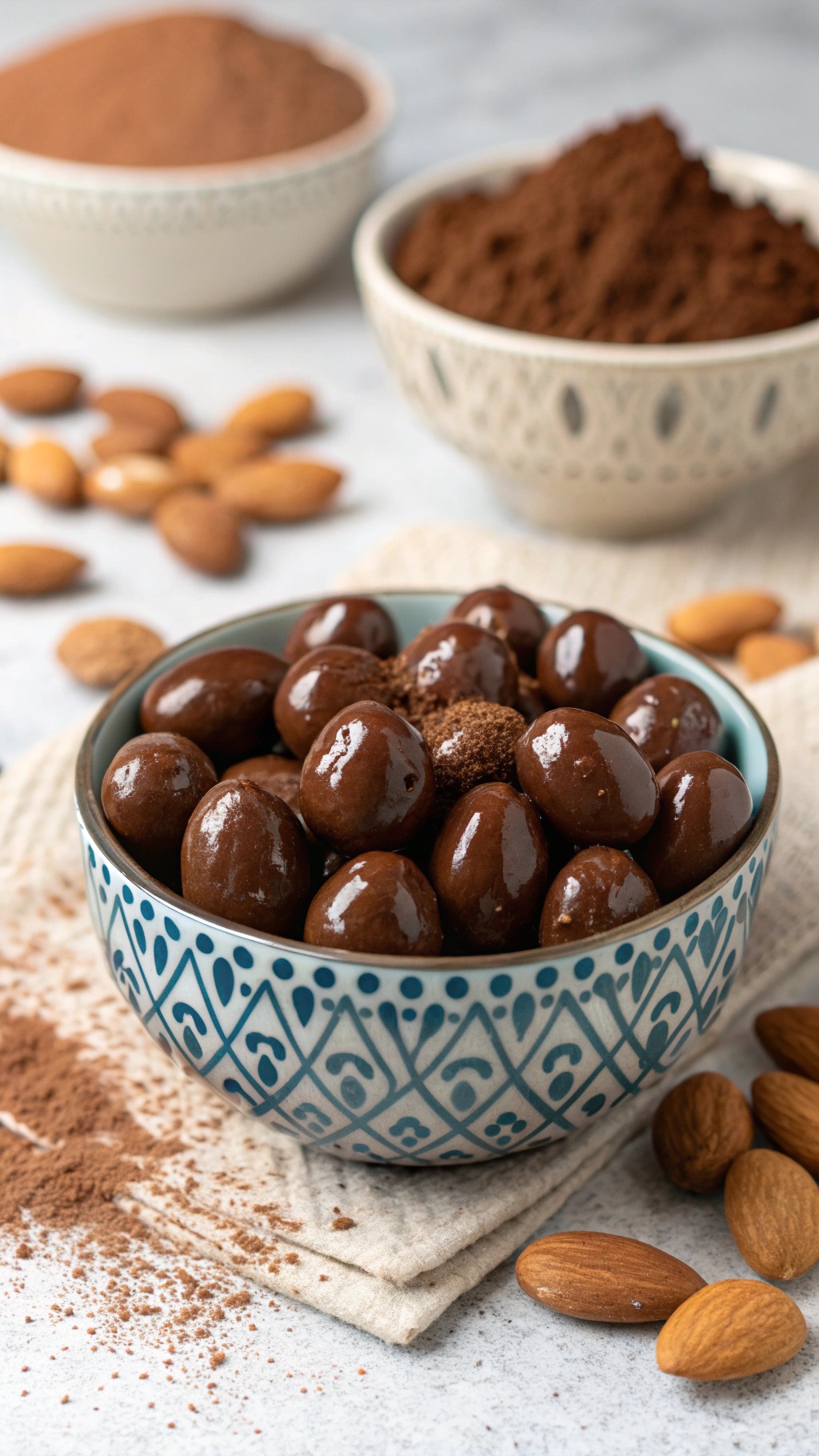 A bowl of chocolate-covered almonds surrounded by cocoa powder and whole almonds.