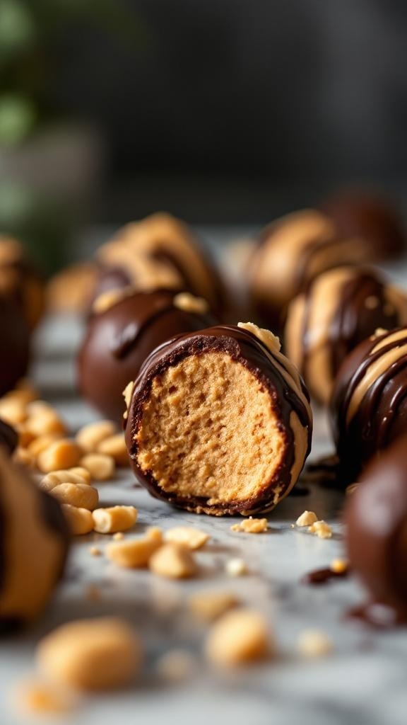 Chocolate-Covered Peanut Butter Bliss Bites with crushed peanuts