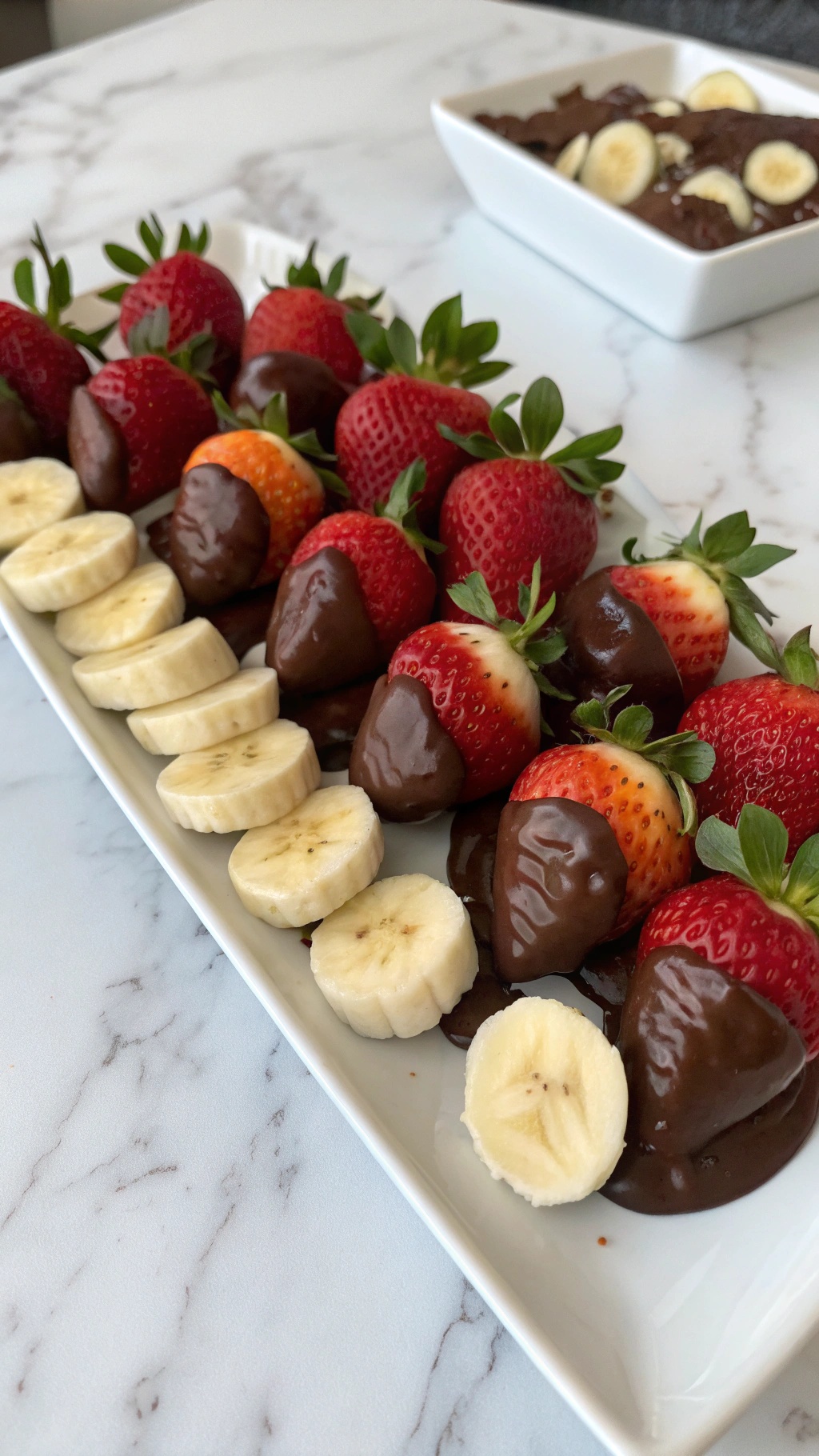 A platter of chocolate-dipped strawberries and banana slices arranged beautifully.