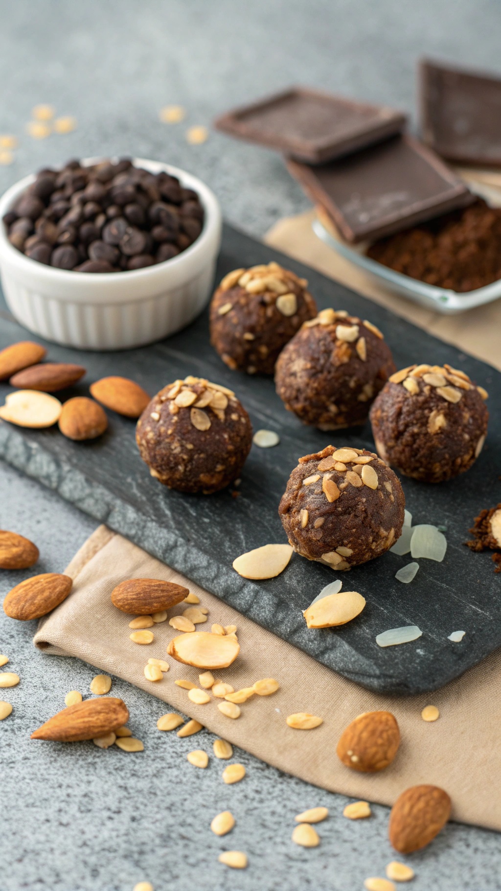 Chocolate Almond Protein Balls on a slate board with almonds and chocolate pieces