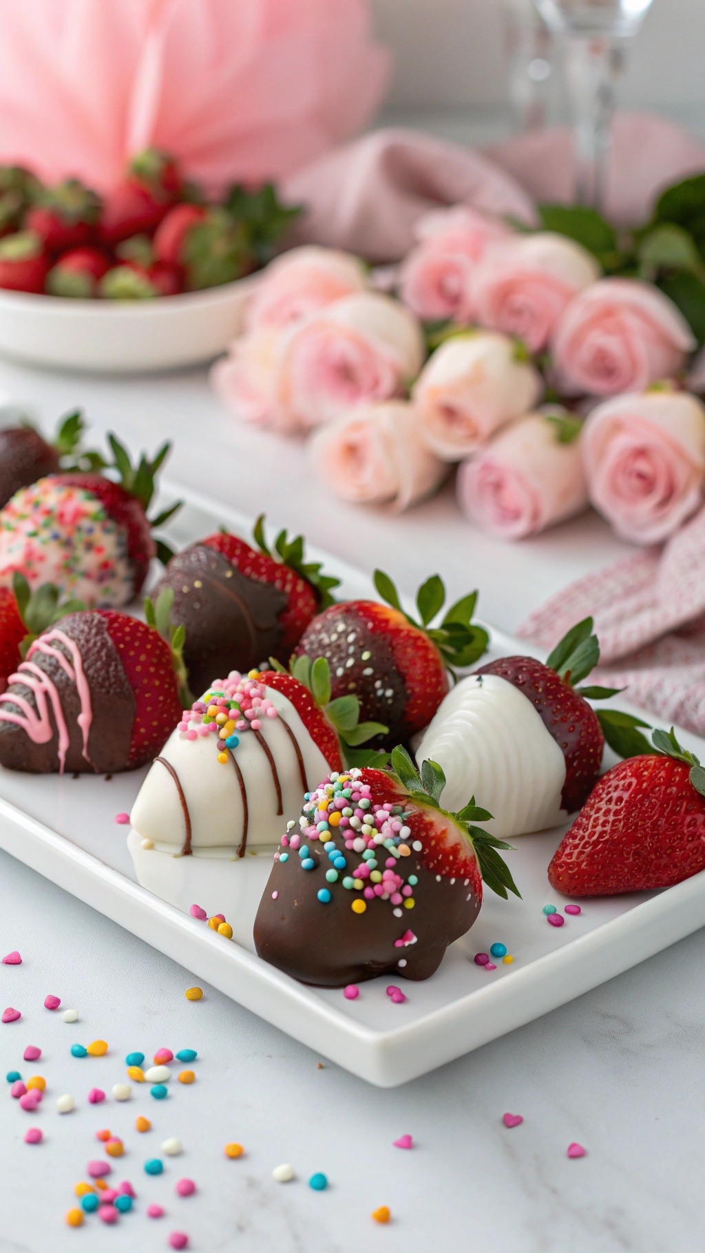 Chocolate dipped strawberries decorated with sprinkles on a white platter, with roses and additional strawberries in the background.
