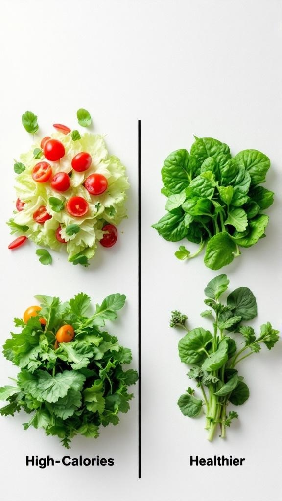 Comparison of high-calorie greens and healthier greens for salads.