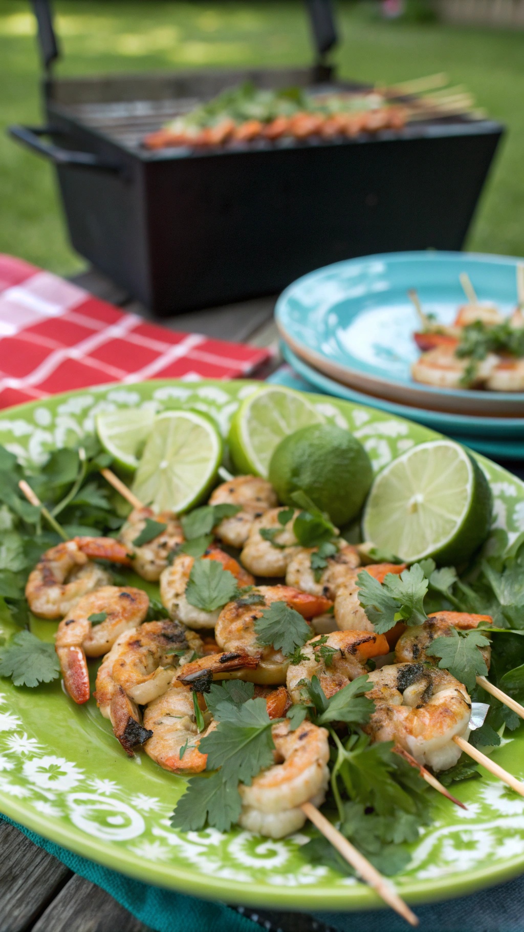 Cilantro-lime grilled shrimp skewers on a green plate with lime wedges and fresh cilantro.