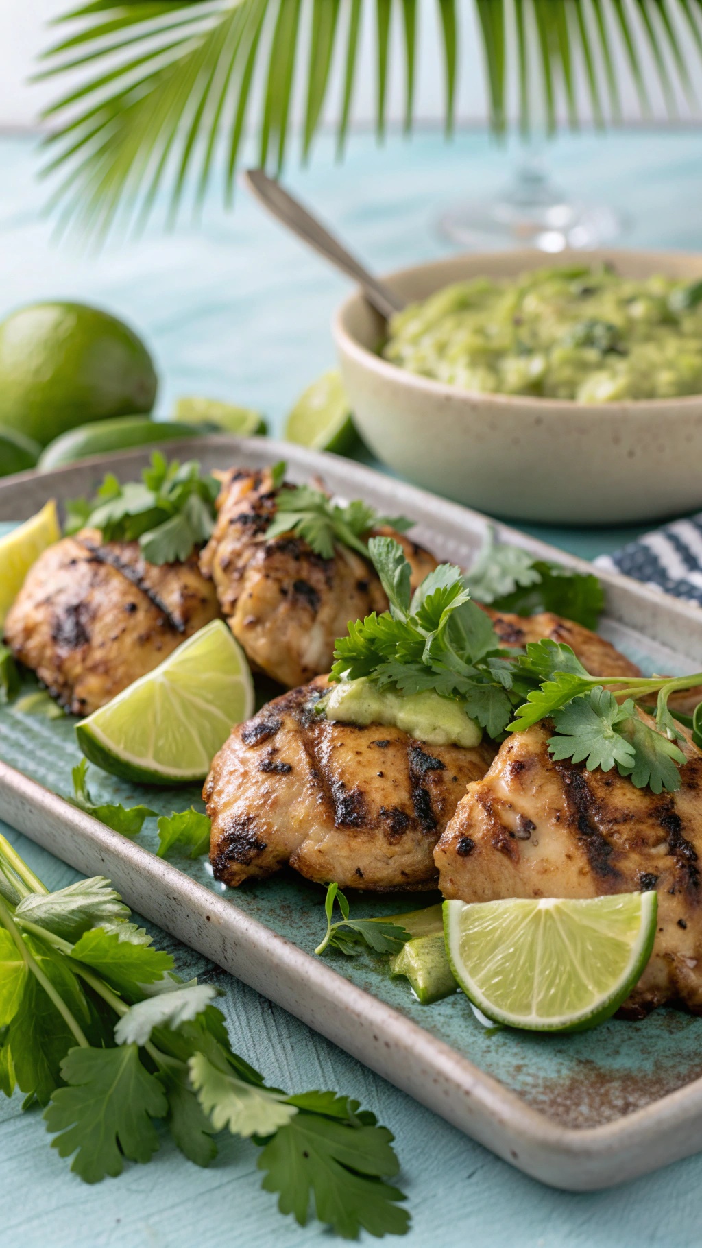 Grilled chicken thighs garnished with cilantro and lime wedges