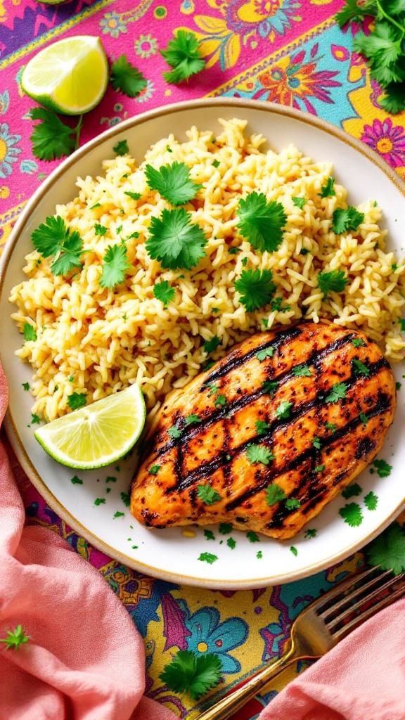A plate of cilantro lime rice with grilled chicken, garnished with lime and cilantro on a colorful tablecloth.