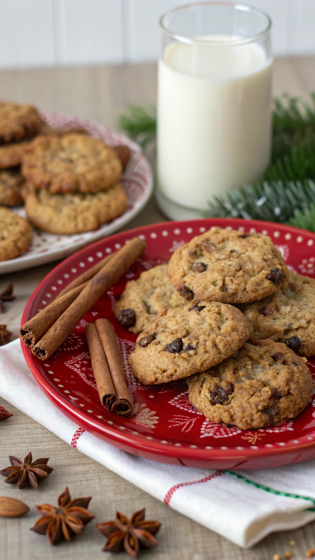 A plate of cinnamon-spiced oatmeal raisin cookies with cinnamon sticks and a glass of milk.