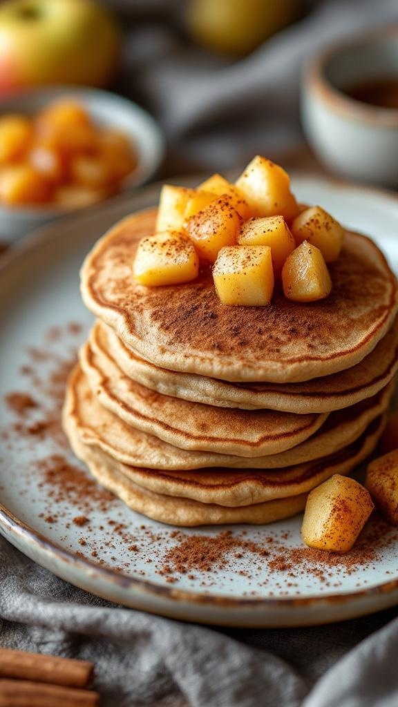 A stack of Cinnamon Apple Whole Wheat Pancakes topped with diced apples and cinnamon.