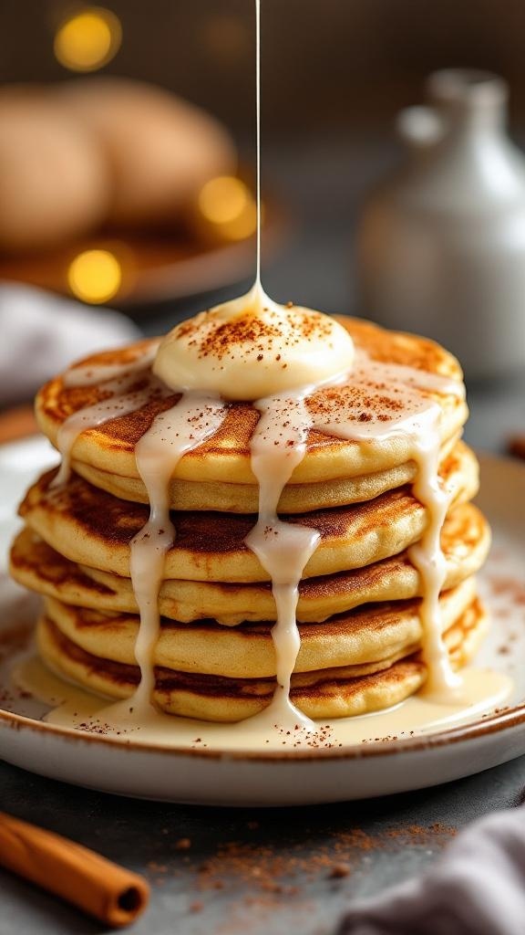 Stack of fluffy protein pancakes drizzled with cream cheese glaze and sprinkled with cinnamon.