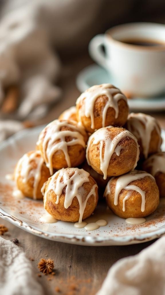 Plate of cinnamon roll protein energy balls drizzled with icing, with a cup of coffee in the background.