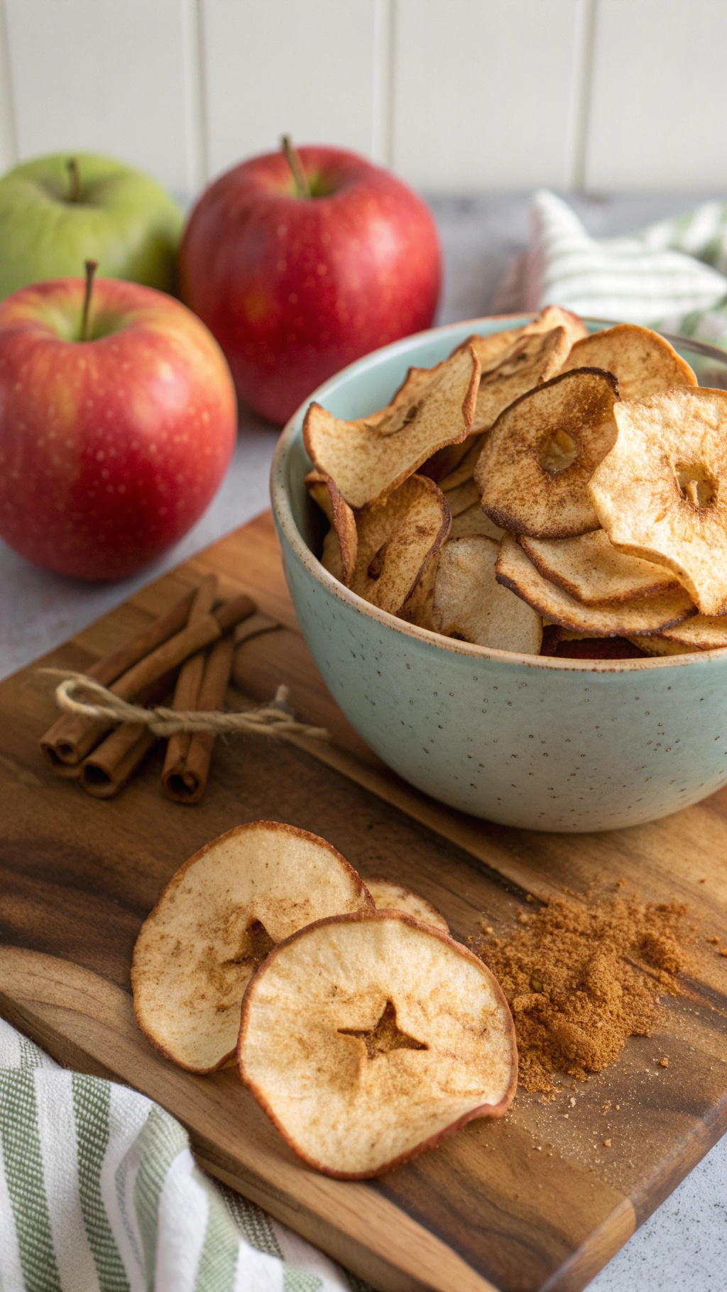 A bowl of cinnamon sugar apple chips with fresh apples and cinnamon sticks.