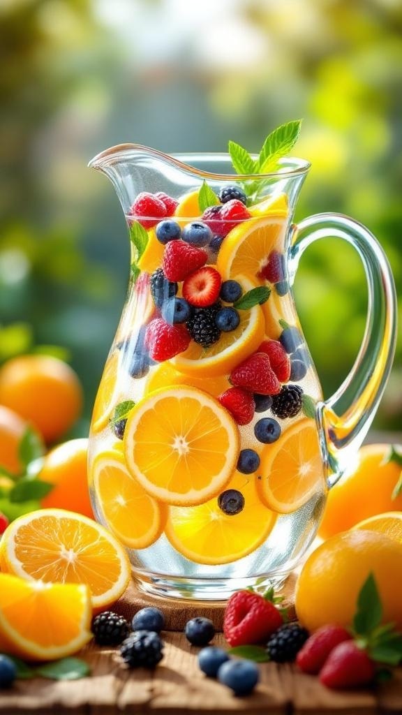 A pitcher of citrus infused berry detox water with oranges and mixed berries