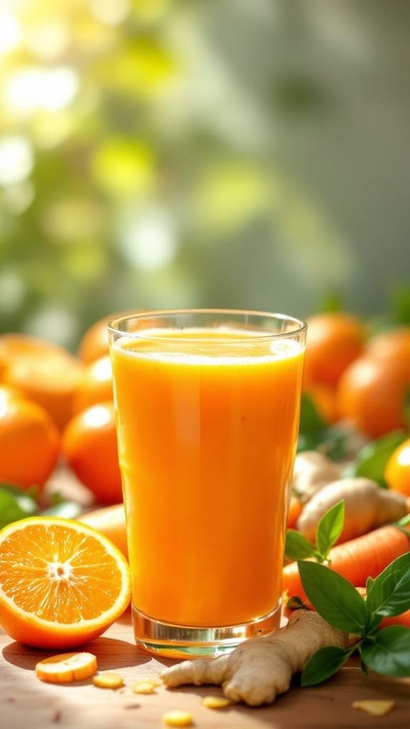 A refreshing Citrus Sunrise Smoothie in a glass, surrounded by fresh oranges and ginger.