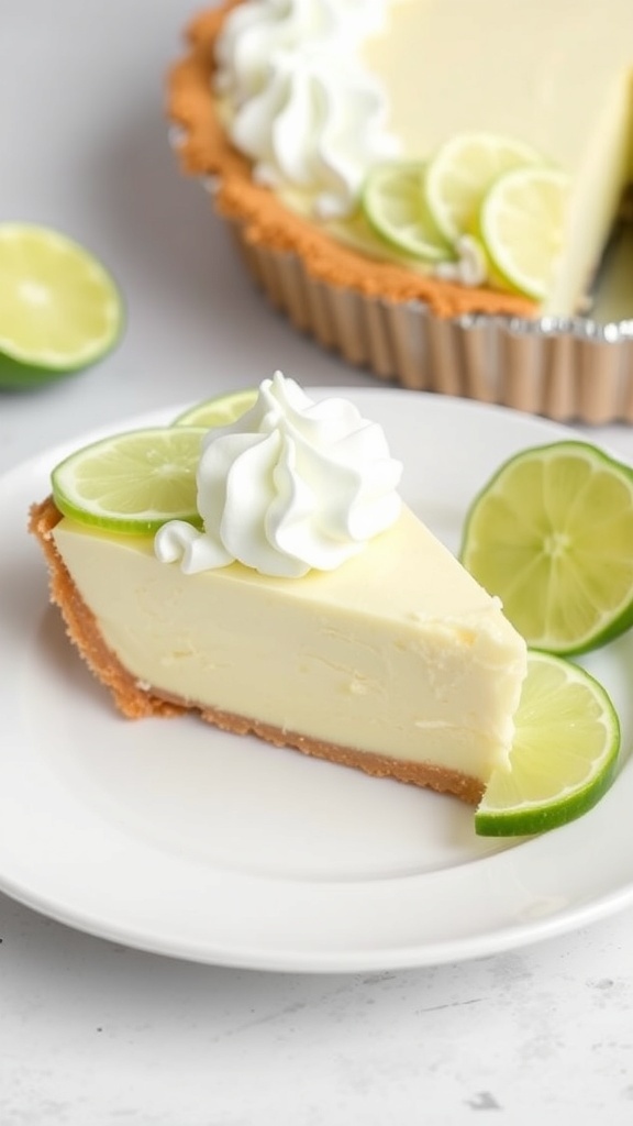 A slice of no-bake key lime pie garnished with whipped cream and lime slices on a white plate.
