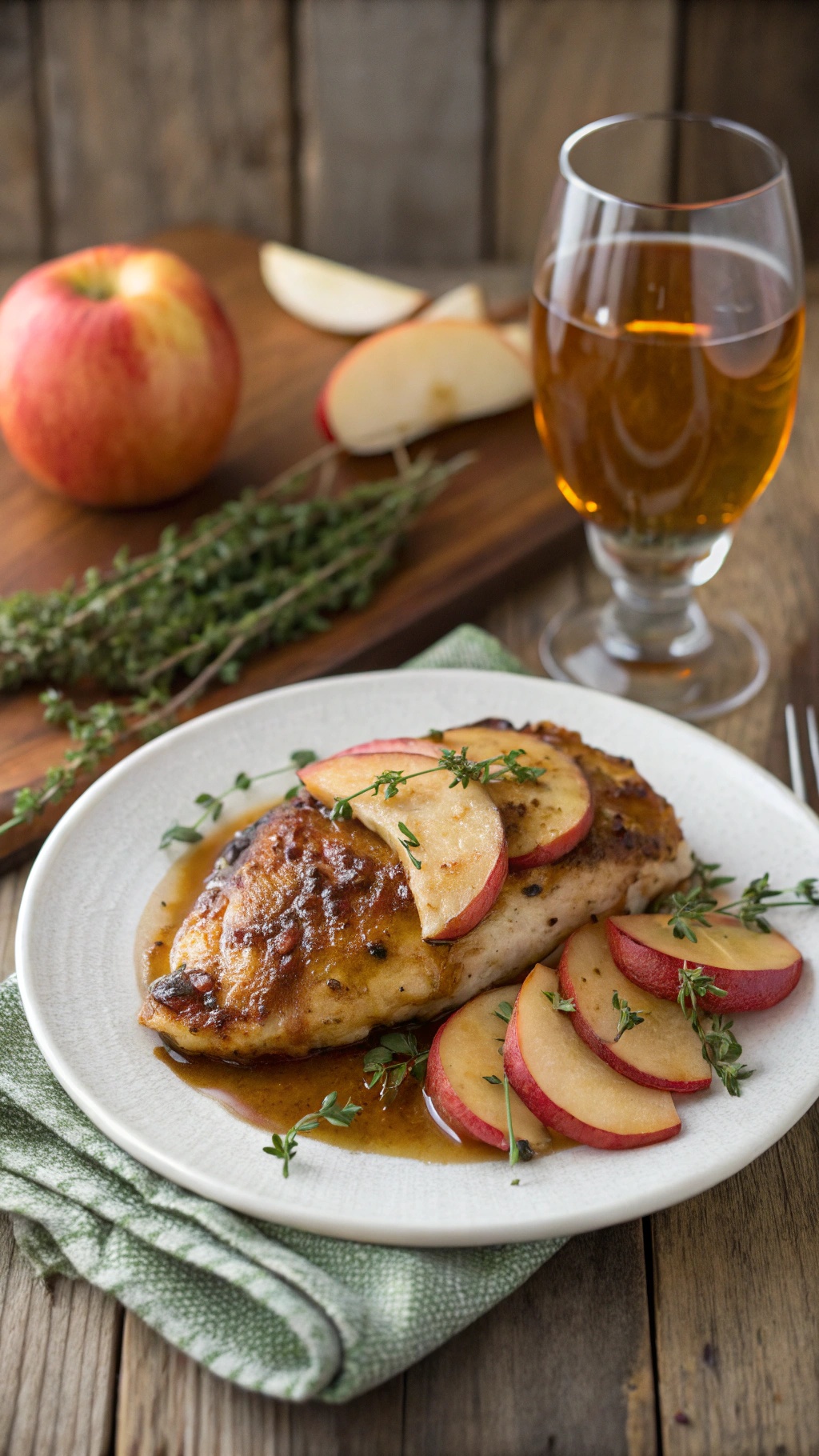 A plate of apple cider glazed chicken with apple slices and a glass of cider.