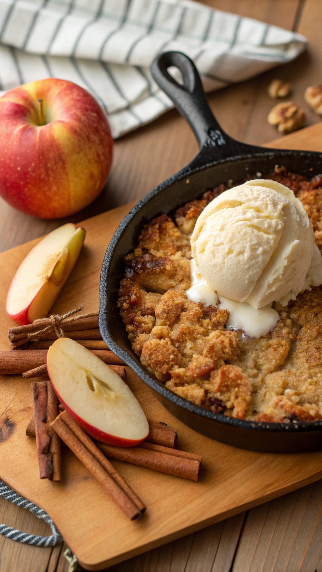 A warm apple crisp topped with vanilla ice cream, surrounded by fresh apples and cinnamon sticks.