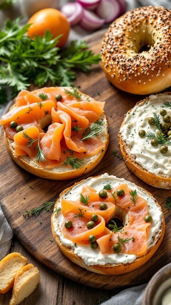 Toasted bagels topped with cream cheese, smoked salmon, capers, and fresh herbs on a wooden board.