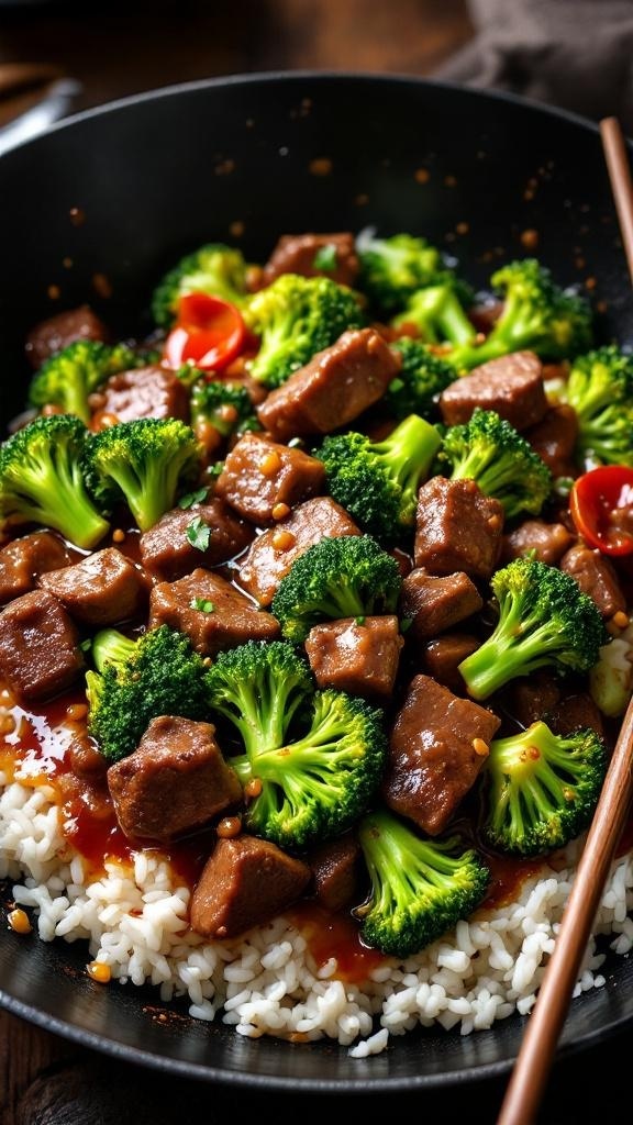 A delicious beef and broccoli stir-fry served over rice, showcasing vibrant colors and fresh ingredients.