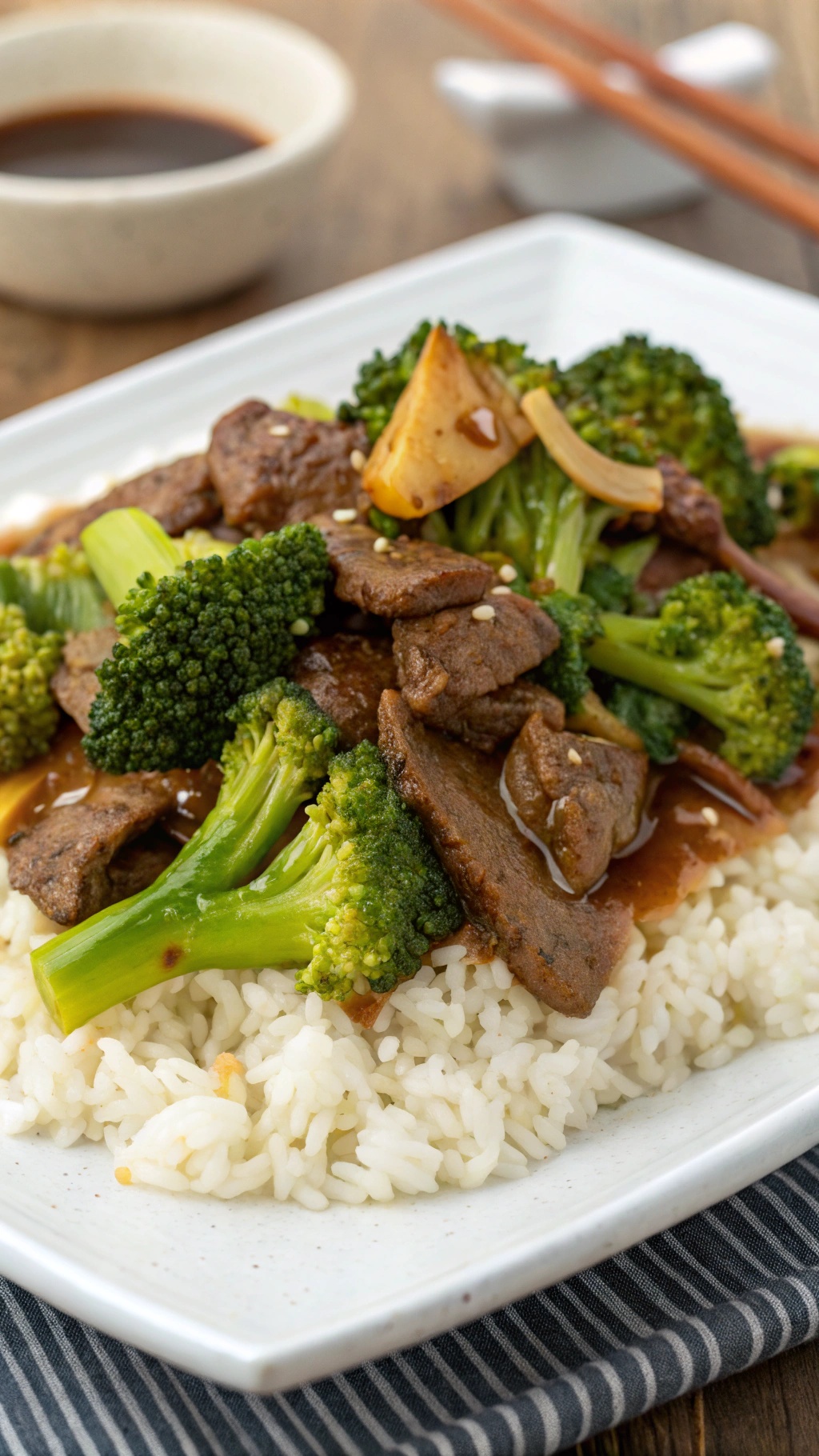 A plate of beef and broccoli stir-fry served over rice.